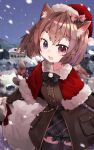  1girl :d animal_ear_fluff animal_ears black_skirt black_thighhighs brown_coat brown_hair capelet cat_ears cat_girl cat_tail christmas coat commission fang frilled_skirt frills hat highres holding holding_sack indie_virtual_youtuber long_sleeves miniskirt multiple_tails nanana_(nanana_iz) nekomiya_ayume pink_eyes purple_eyes sack santa_capelet santa_hat short_hair skeb_commission skirt smile snow snowing tail thighhighs two_tails virtual_youtuber 