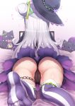  1girl absurdres ajishio_(loli_king) ass black_capelet black_headwear black_panties cameltoe capelet feet from_behind grey_hair hair_bun hat highres hololive long_hair lying murasaki_shion musical_note no_shoes on_stomach panties purple_thighhighs single_side_bun skirt solo striped striped_thighhighs thighhighs underwear vertical-striped_thighhighs vertical_stripes virtual_youtuber white_thighhighs witch_hat 