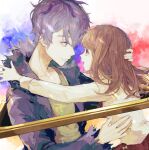 1boy 1girl abstract_background brown_hair coat commentary_request eye_contact fur_collar garry_(ib) highres hug ib ib_(ib) long_hair looking_at_another nashiko_(nanaju_ko) open_clothes open_coat open_mouth picture_frame purple_coat purple_eyes purple_hair shirt smile upper_body white_shirt 