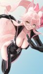  1girl animal_ear_fluff animal_ears bangs black_bodysuit blush bodysuit bow breasts center_opening choker cleavage fate/grand_order fate_(series) fox_ears fox_girl fox_tail glasses hair_between_eyes hair_bow highres hip_vent koyanskaya_(assassin)_(first_ascension)_(fate) koyanskaya_(fate) large_breasts long_hair looking_at_viewer pink_bow pink_hair ponytail sidelocks smile solo tail tamamo_(fate) thighs yamaneko_(tkdrumsco) yellow_eyes zipper 