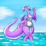  1:1 absurd_res anthro beach breasts butt cloe clothed clothing digital_media_(artwork) dragon female fur hi_res horn looking_at_viewer renovash seaside solo swimwear tail wings 