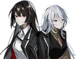  2girls alternate_hair_length alternate_hairstyle black_hair black_jacket collared_shirt faust_(limbus_company) formal grey_eyes highres jacket limbus_company long_hair looking_at_viewer mu46016419 multiple_girls open_clothes open_jacket project_moon red_eyes ryoshu shirt simple_background suit sweater sweater_under_jacket turtleneck turtleneck_sweater white_background white_hair white_shirt 