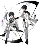  2boys black_hair black_necktie collared_shirt crossed_legs e.g.o_(project_moon) formal from_behind full_body highres holding holding_scythe invisible_chair jacket limbus_company mu46016419 multiple_boys musical_note necktie pants project_moon scythe shirt simple_background sinclair_(limbus_company) sitting standing suit the_silent_orchestra white_background white_jacket white_pants white_shirt white_suit yi-sang_(limbus_company) 