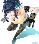  1girl absurdres armlet bare_shoulders blue_eyes blue_hair boots breasts camouflage camouflage_pants combat_boots dog_tags gloves highres large_breasts leona_heidern pants ponytail sakura_mafumi signature solo tank_top the_king_of_fighters the_king_of_fighters_xv twitter_username white_background yellow_tank_top 