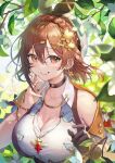  1girl absurdres atelier_(series) atelier_ryza atelier_ryza_3 braid breasts brown_eyes brown_hair cleavage guest_art hair_ornament hairclip hat highres jewelry large_breasts looking_at_another looking_at_viewer necklace official_art okuma_mai reisalin_stout shirt short_hair smile solo 