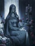  1girl artist_name black_hair black_hood candle candlestand closed_mouth cold covered_eyes dark_souls_(series) dark_souls_iii flower frost highres leaf lowstrear nun rose sister_friede sitting smoke solo window 