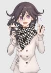  1boy ahoge black_hair buttons chain character_doll checkered_clothes checkered_scarf danganronpa_(series) danganronpa_v3:_killing_harmony doll drawstring excited formal happy heart highres holding holding_doll looking_at_viewer male_focus open_mouth ouma_kokichi pinstripe_pattern pinstripe_suit purple_eyes purple_hair rosemary10119 saihara_shuuichi scarf short_hair solo standing straitjacket striped suit wavy_hair white_background 