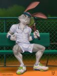  abs anthro athletic athletic_male bodily_fluids clothing excessive_sweat hi_res lagomorph leporid lion21 male mammal rabbit solo sweat tennis_racket translucent translucent_clothing wet wet_clothing 
