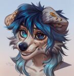  anthro barbell_piercing black_nose blue_eyes blue_hair bust_portrait canid canine canis cheek_tuft domestic_dog ear_piercing eyelashes facial_spots facial_tuft female floppy_ears fur glistening glistening_eyes glistening_hair gradient_background gradient_hair grin hair hi_res mammal marie_merkh piercing portrait signature simple_background smile solo spotted_face tan_body tan_fur tuft 