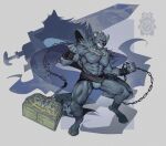  2023 abs alternate_species anthro biped blaidd_(elden_ring) bovid bovine broken_horn bulge cattle chain clenched_teeth cloak clothing digital_media_(artwork) elden_ring eruprior fromsoftware fur grey_body grey_fur hammer hi_res holding_object holding_weapon hooves horn male mammal muscular muscular_anthro muscular_male pecs purple_eyes solo teeth tools weapon 