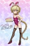  1girl animal_ears black_thighhighs blonde_hair blue_eyes blush braid braided_ponytail breasts cake cameltoe carol_malus_dienheim detached_collar fake_animal_ears food full_body high_heels highleg highleg_leotard highres leotard long_hair looking_at_viewer mole mole_under_eye playboy_bunny purple_leotard rabbit_ears selbstnein senki_zesshou_symphogear shiny_skin small_breasts strapless strapless_leotard thighhighs wrist_cuffs 