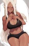  1girl animal_ears artist_name bangs bare_arms bare_shoulders black_shorts black_sports_bra boku_no_hero_academia breasts cleavage collarbone crescent_print dark-skinned_female dark_skin dated grin hands_on_own_chest kollerss large_breasts long_eyelashes long_hair looking_at_viewer midriff mirko navel parted_bangs rabbit_ears rabbit_girl red_eyes short_shorts shorts sitting smile solo sports_bra stomach teeth thick_thighs thighs toned very_long_hair white_hair 