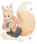  1girl ahoge animal_ear_fluff animal_ears arm_up blonde_hair blue_eyes blue_skirt brown_cardigan cardigan commission fox_ears fox_girl fox_tail hair_ornament hairclip hand_to_own_mouth hideko_(l33l3b) highres long_hair long_tail open_mouth original pleated_skirt school_uniform serafuku shirt sitting skeb_commission skirt socks solo tail tears thighs white_shirt white_socks 