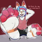  1:1 anthro big_feet bodily_fluids embarrassed english_text feet foot_fetish foot_focus generation_8_pokemon hi_res macro_focus male nintendo pokemon pokemon_(species) scorbunny sodatusk solo steamy_feet sunny_flowers sweat sweaty_feet text 