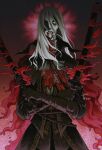  1girl artist_name ascot blonde_hair blood blood_from_mouth blood_on_clothes blood_on_face blood_on_weapon bloodborne coat double-blade dual_wielding gem hair_over_one_eye highres holding lady_maria_of_the_astral_clocktower long_hair looking_at_viewer lowstrear one_eye_covered rakuyo_(bloodborne) solo sword weapon white_eyes 