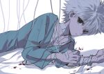  1boy bandages bed blood closed_mouth highres hospital hospital_bed hospital_gown hunter_x_hunter indoors intravenous_drip killua_zoldyck looking_at_viewer lying male_focus pillow shenshan_laolin short_hair white_hair 