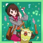  1girl :d backpack bag bob_cut border brown_bag brown_eyes brown_hair buttons cable_knit cardigan collared_dress commentary_request dress gloria_(pokemon) green_background green_border green_headwear grey_cardigan hat hooded_cardigan musical_note open_mouth pink_dress pokemon pokemon_(creature) pokemon_(game) pokemon_swsh short_hair smile tam_o&#039;_shanter thwackey yuu_(jgvj7873) 