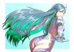  1girl ahoge ass blue_hair colored_eyelashes colored_inner_hair crystal_hair fate/grand_order fate_(series) gradient_background green_eyes green_hair kukulkan_(fate) kukulkan_(second_ascension)_(fate) light_blue_hair long_hair looking_at_viewer multicolored_hair open_hands sakanaru smile solo upper_body very_long_hair 