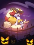  ambiguous_gender anthro braixen broom cleaning_tool clothing crescent_moon fencepost fur generation_6_pokemon grafayay hat headgear headwear hi_res inner_ear_fluff jack-o&#039;-lantern legwear moon nintendo open_mouth pattern_clothing pattern_legwear pattern_thigh_highs pokemon pokemon_(species) pumpkin_patch solo striped_clothing striped_legwear striped_thigh_highs stripes thigh_highs tuft witch_hat yellow_body yellow_fur 