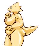  2023 absurd_res alphys anthro areola big_areola big_breasts big_nipples box_chan breasts chubby_anthro chubby_female dinosaur female genitals hi_res huge_areola huge_breasts huge_nipples nipples nude pussy reptile scalie simple_background solo thick_thighs undertale_(series) yellow_body 