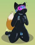  2022 absurd_res anthro bulge canid canine clothing cuff_(restraint) drone english_text eyewear fox goggles hi_res hypnosis hypnotic_visor lucentleader male mammal mind_control null_bulge restraints rubber rubber_clothing rubber_suit shackles solo submissive submissive_male text visor 