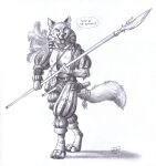  0laffson anthro armor canid canine digitigrade fox glaive hi_res landsknecht male mammal melee_weapon monochrome polearm solo weapon 