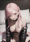  absurdres ai-generated bed bed_sheet breasts collar covered_nipples happy highres jacket leather leather_jacket long_hair medium_breasts nipples non-web_source original pink_eyes pink_hair pussy pussy_juice stable_diffusion thighhighs 