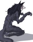  2023 anthro biped black_hair black_nipples bone breasts canid canine claws digital_media_(artwork) female finger_claws fur grey_body grey_fur hair hi_res kneeling long_hair malo mammal multi_breast nipples scp-1471 scp-1471-a scp_foundation simple_background skull skull_head solo white_background white_eyes yamabat yamagah 