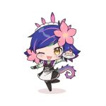  1girl ;d alternate_costume bangs black_dress black_thighhighs breasts cake chibi colored_skin dokumi dress enmaided flower food freckles frilled_dress frills full_body green_skin grey_background hair_flower hair_ornament holding holding_plate league_of_legends maid neeko_(league_of_legends) one_eye_closed open_mouth orange_eyes pink_flower plate purple_skin simple_background smile solo strawberry_shortcake tail thighhighs 