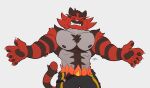  abs anthro biceps bottomwear chest_tuft claws clothing endheriel fangs flat_colors generation_7_pokemon hi_res incineroar male muscular muscular_male nintendo nipples pants pawpads paws pecs pokemon pokemon_(species) simple_background smile solo spread_arms teeth tuft white_background 