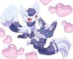  all_fours closed_mouth commentary_request grey_fur heart highres ibusaki_(ivu) looking_at_viewer meowstic meowstic_(female) meowstic_(male) no_humans pokemon pokemon_(creature) twitter_username watermark white_background 
