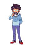  1boy black_hair camp_camp cup dark-skinned_male dark_skin drinking full_body green_eyes gummybear2379 hand_in_pocket highres holding holding_cup hood hoodie long_sleeves male_child male_focus max_(camp_camp) pants shoes solo transparent_background 