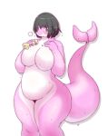  5_fingers anthro black_hair breasts cetacean cetacean_tail dolphin dripping featureless_breasts female fingers grey_eyes hair izumi_(artist) mammal marine pink_body shaded simple_background slightly_chubby solo sponge tail thick_tail thick_thighs toothed_whale wet whale_tail white_background white_body 