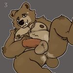  anthro anus baby_bear_(puss_in_boots) ball_tuft balls bear blush blush_lines bodily_fluids brown_balls brown_body brown_fur butt chain erection fur genitals hand_on_chest hand_on_leg hi_res looking_at_viewer looking_pleasured lying male mammal musclegut nipples nude on_back penis presenting presenting_hindquarters seeat simple_background solo spread_legs spreading spyromancer sweat sweatdrop teeth tuft 
