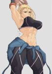  1girl abs antenna_hair blonde_hair braid breasts cammy_white clothes_around_waist fingerless_gloves from_below gloves highres jacket jacket_around_waist large_breasts muscular muscular_female pants solo sports_bra street_fighter street_fighter_6 stretching sweat tight tight_pants yoracrab 