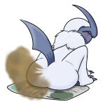  absol ambiguous_gender blush butt darktype_(artist) eyes_closed fart feral fur generation_3_pokemon grey_body horn madgythumtas newspaper nintendo pokemon pokemon_(species) raised_tail solo tail thumty white_body white_fur 