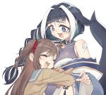  2girls :d =_= absurdres ahoge animal_collar animal_ears bangs bare_shoulders bell between_breasts blue_collar blue_eyes blue_hair blue_sailor_collar blunt_bangs blush body_markings braid braided_ponytail breast_pillow breasts bright_pupils brown_cardigan brown_hair cardigan cetacean_tail cleavage collar criss-cross_halter detached_sleeves facial_mark fins fish_tail flustered hair_between_eyes halterneck height_difference highres hug indie_virtual_youtuber live2d_inc. long_hair momose_hiyori multicolored_hair multiple_girls neck_bell neuro-sama one-piece_swimsuit orca_girl purple_eyes rune_(dualhart) sailor_collar school_uniform see-through see-through_swimsuit shylily single_braid smile streaked_hair sweatdrop swimsuit tail tattoo transparent_background two_side_up upper_body white_hair white_one-piece_swimsuit white_pupils 