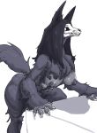  2023 anthro biped black_hair black_nipples black_sclera bone breasts canid canine claws digital_media_(artwork) female finger_claws fur grey_body grey_fur hair hi_res long_hair looking_aside malo mammal multi_breast nipples scp-1471 scp-1471-a scp_foundation simple_background skull skull_head solo white_background white_eyes yamabat yamagah 