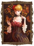  1girl absurdres beatrice_(umineko) black_choker blonde_hair bow breasts bug butterfly choker cleavage flower hair_flower hair_ornament highres huyumi77 jewelry lips looking_at_viewer orange_butterfly painting_(object) pink_lips red_flower red_rose ring rose short_hair solo transparent_background umineko_no_naku_koro_ni 