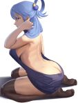  1girl absurdres adjusting_hair alternate_costume aqua_(konosuba) back backless_outfit black_thighhighs blue_eyes blue_hair blue_sweater breasts butt_crack closed_mouth english_commentary from_side full_body hair_behind_ear hair_ornament halterneck highres hitagi_kujira kono_subarashii_sekai_ni_shukufuku_wo! large_breasts long_hair looking_at_viewer meme_attire seiza shadow sideboob single_hair_ring sitting soles solo sweater thighhighs toes turtleneck turtleneck_sweater virgin_killer_sweater white_background 