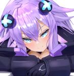  1girl bimmy blue_eyes blush braid breasts cleavage gloves hair_between_eyes hair_ornament highres large_breasts long_hair neptune_(series) open_mouth power_symbol purple_hair purple_heart smile solo symbol-shaped_pupils twin_braids twintails 