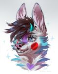  anthro artist_name black_nose blue_body blue_eyes blue_fur blue_horn brown_hair cheek_tuft dark_hair eyelashes facial_markings facial_tuft female fur grin hair head_markings headshot_portrait hi_res horn inner_ear_fluff marie_merkh markings neck_tuft orange_eyes pink_inner_ear_fluff pink_nose portrait red_markings signature smile solo tuft white_body white_fur 