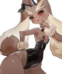  1girl animal_ears bare_shoulders black_bow black_bowtie black_hairband black_leotard blush body_fur bow bowtie breasts brown_fur brown_sclera colored_sclera commentary contrapposto covered_navel cowboy_shot detached_collar fake_animal_ears furry furry_female groin hairband hand_on_hip hand_to_own_mouth hand_up happy heart heart-shaped_pupils hip_focus leotard looking_at_viewer lopunny open_mouth playboy_bunny pokemon pokemon_(creature) rabbit_ears rabbit_girl rabbit_tail red_eyes simple_background small_breasts smile solo standing strapless strapless_leotard symbol-shaped_pupils tail teeth thick_thighs thighs traditional_bowtie two-tone_fur utta white_background wide_hips yellow_fur 