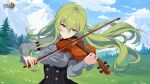  1girl bangs breasts cloud cloudy_sky day grass green_hair highres holding holding_instrument honkai_(series) honkai_impact_3rd instrument large_breasts logo long_hair music official_art official_wallpaper on_grass playing_instrument sky smile solo violin yellow_eyes 