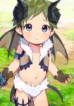  1boy blue_eyes commentary cowboy_shot demon_boy demon_horns demon_wings dungeons_and_dragons english_commentary fingerless_gloves gloves green_hair highres holding horns looking_up male_focus navel nemui_(nemuriyagi) outdoors pointy_ears solo tail wings 