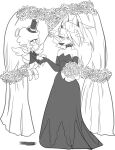  angel anthro blush bovid canid canid_demon caprine cherub clothing collar collin_(helluva_boss) demon dress duo female flower halo hat headgear headwear hellhound helluva_boss hi_res loona_(helluva_boss) male male/female mammal nauyaco plant sheep top_hat wedding 