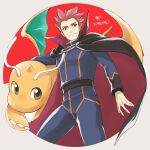  1boy belt border cape closed_mouth commentary_request dragonite holding holding_pokemon jacket lance_(pokemon) long_sleeves looking_down male_focus mocollie pants pokemon pokemon_(creature) pokemon_(game) pokemon_hgss red_hair short_hair smile spiked_hair translation_request white_border 