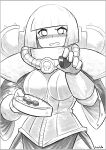  1girl adepta_sororitas armor bangs blunt_bangs blunt_ends breasts chocolate cowboy_shot giving_food gloves greyscale highres looking_at_viewer lutherniel medium_breasts monochrome pov short_hair signature solo valentine warhammer_40k 