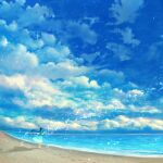 1girl blue_dress blue_sky cloud cloudy_sky dress footprints hair_flowing_over highres long_hair ocean original sakimori_(hououbds) sand scenery shadow sky solo standing 
