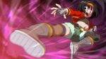  1girl black_gloves black_hair black_shirt black_thighhighs boots cropped_jacket cropped_shirt dragon_ball dragon_ball_heroes fingerless_gloves gloves green_shorts grey_gloves headband imminent_kick incoming_kick jacket kicking midriff open_mouth orange_headband pan_(dragon_ball) pan_(xeno)_(dragon_ball) pouch red_jacket rom_(20) shirt short_hair short_shorts shorts solo thighhighs 